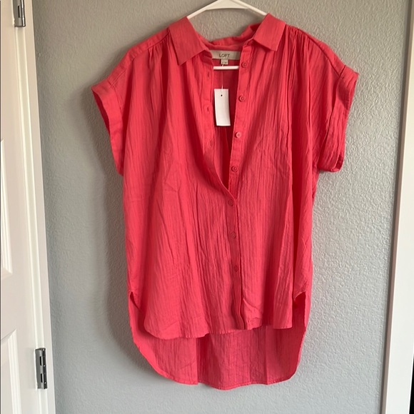 LOFT Pink Coral Short Sleeve Polo Button Down Shirt - Picture 1 of 8